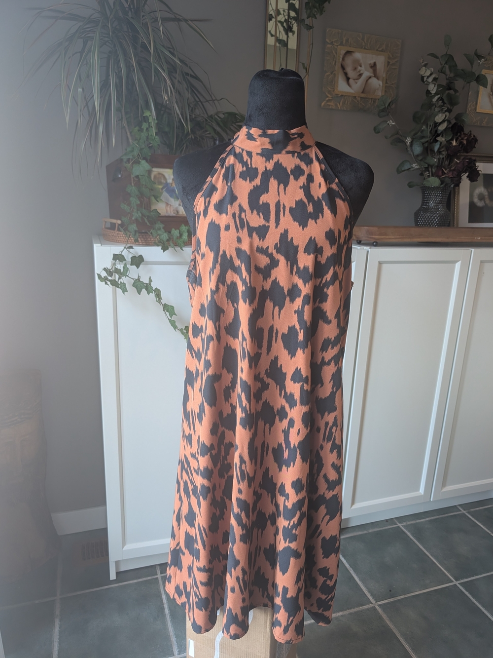 Sleeveless Halter Animal-Print Dress in Rust/Brown and Black